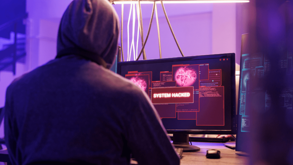 a person wearing a hoodie is sitting in front of a computer screen