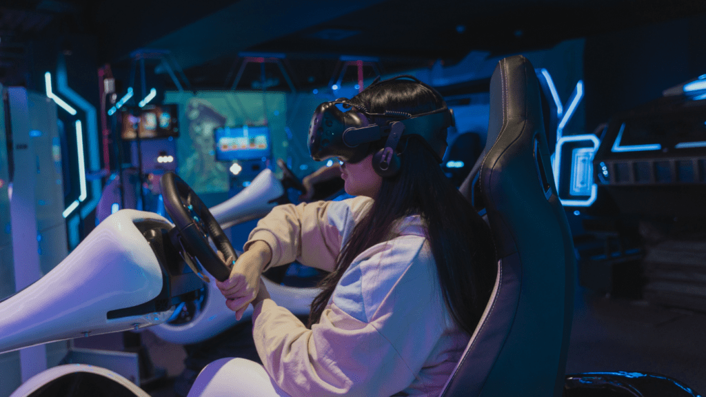 a person wearing a virtual reality headset in a car