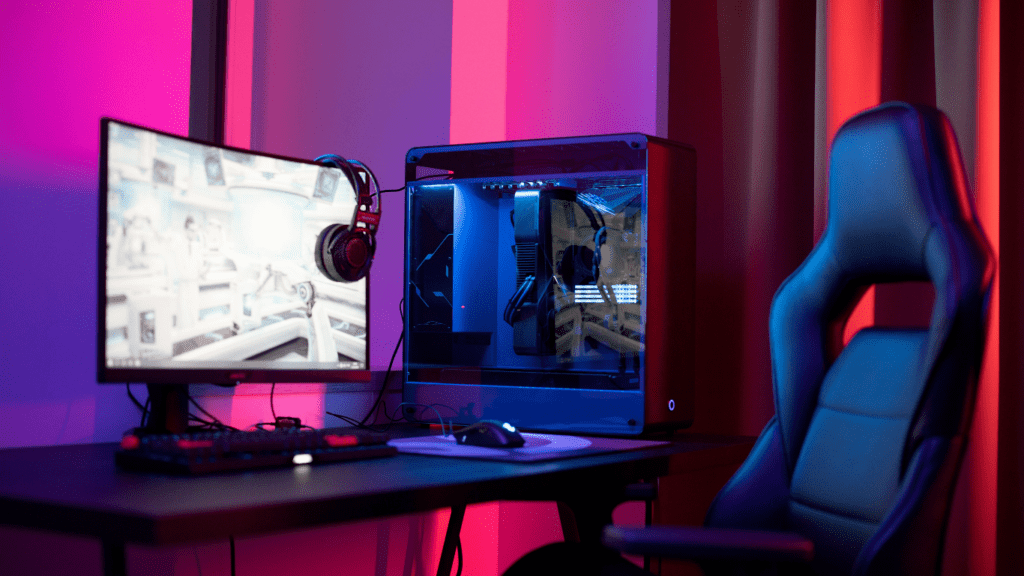 a gaming room with a computer and a chair