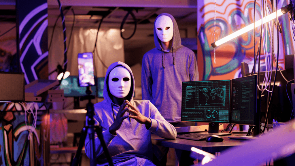 two people in masks sitting in front of a computer