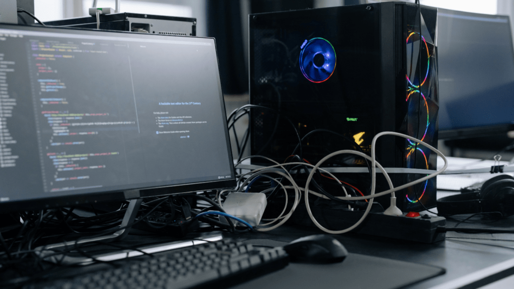 a desk with a computer, keyboard, mouse and monitor