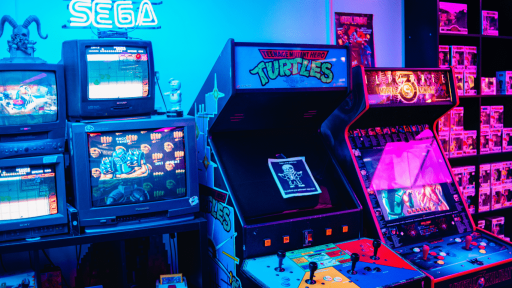 a gaming room with a computer and a chair