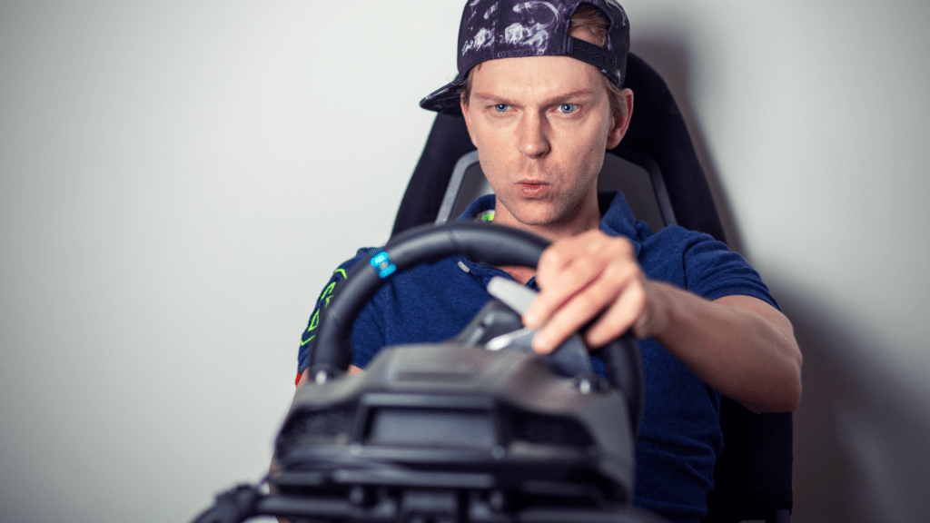 a person wearing a virtual reality headset in a car