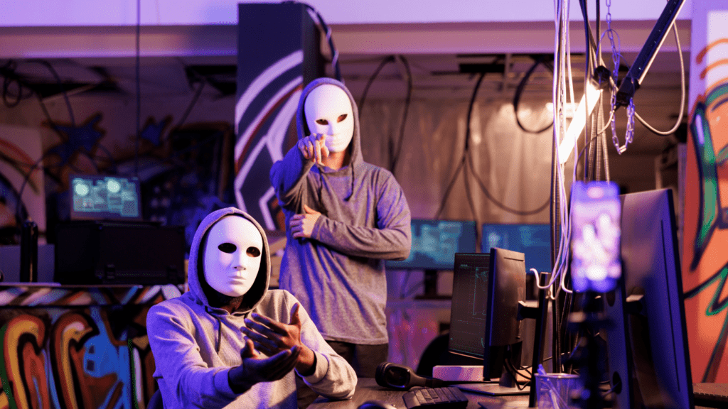 two people in masks sitting in front of a computer